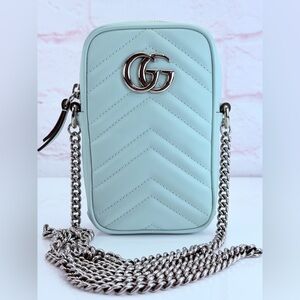 Gucci Mint Green GG Marmont Chevron Phone Crossbody NEW